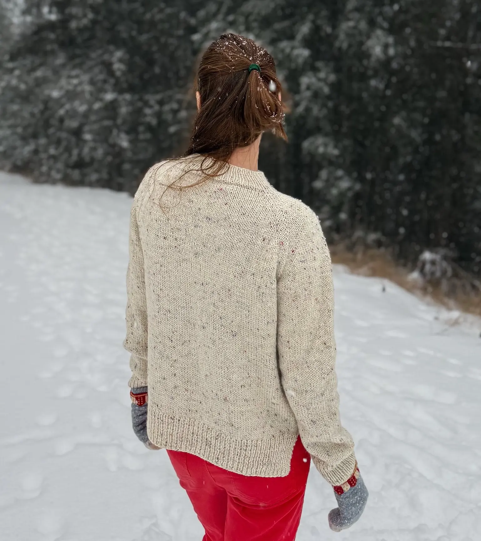 Back view of the Knitting Club Sweater in a snowy forest