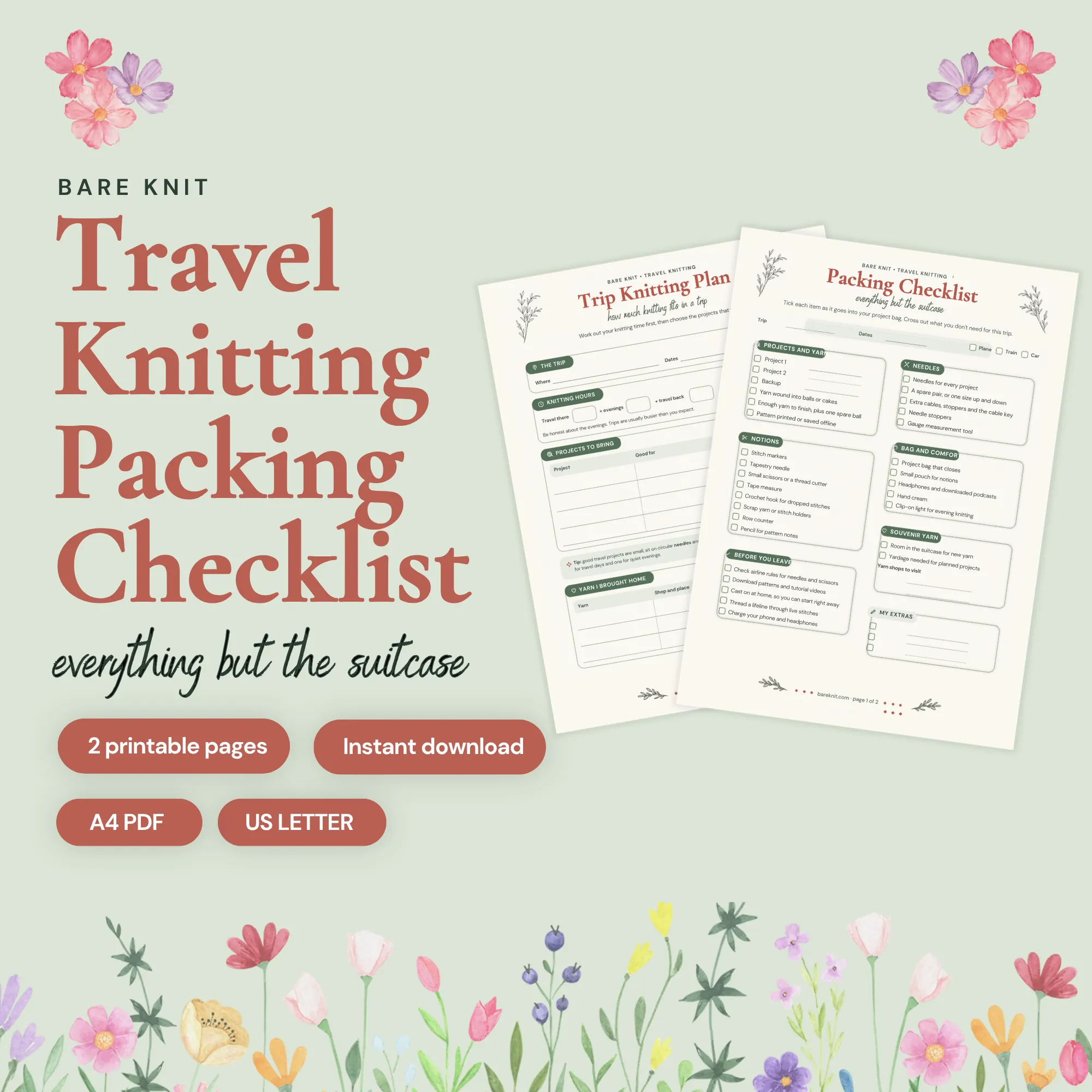 The Travel Knitting Packing Checklist: the Packing Checklist and Trip Knitting Plan pages on a sage green background with watercolor flowers